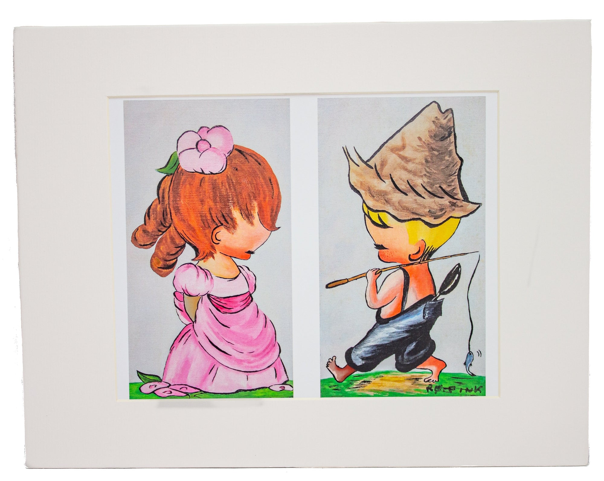 "Bashful Girl and Boy Going Fishing" Matted Print (8x10)
