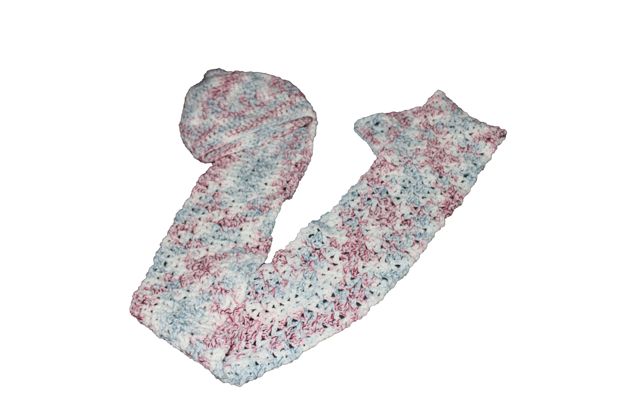 Blue, Burgundy & Beige Hat & Scarf Set