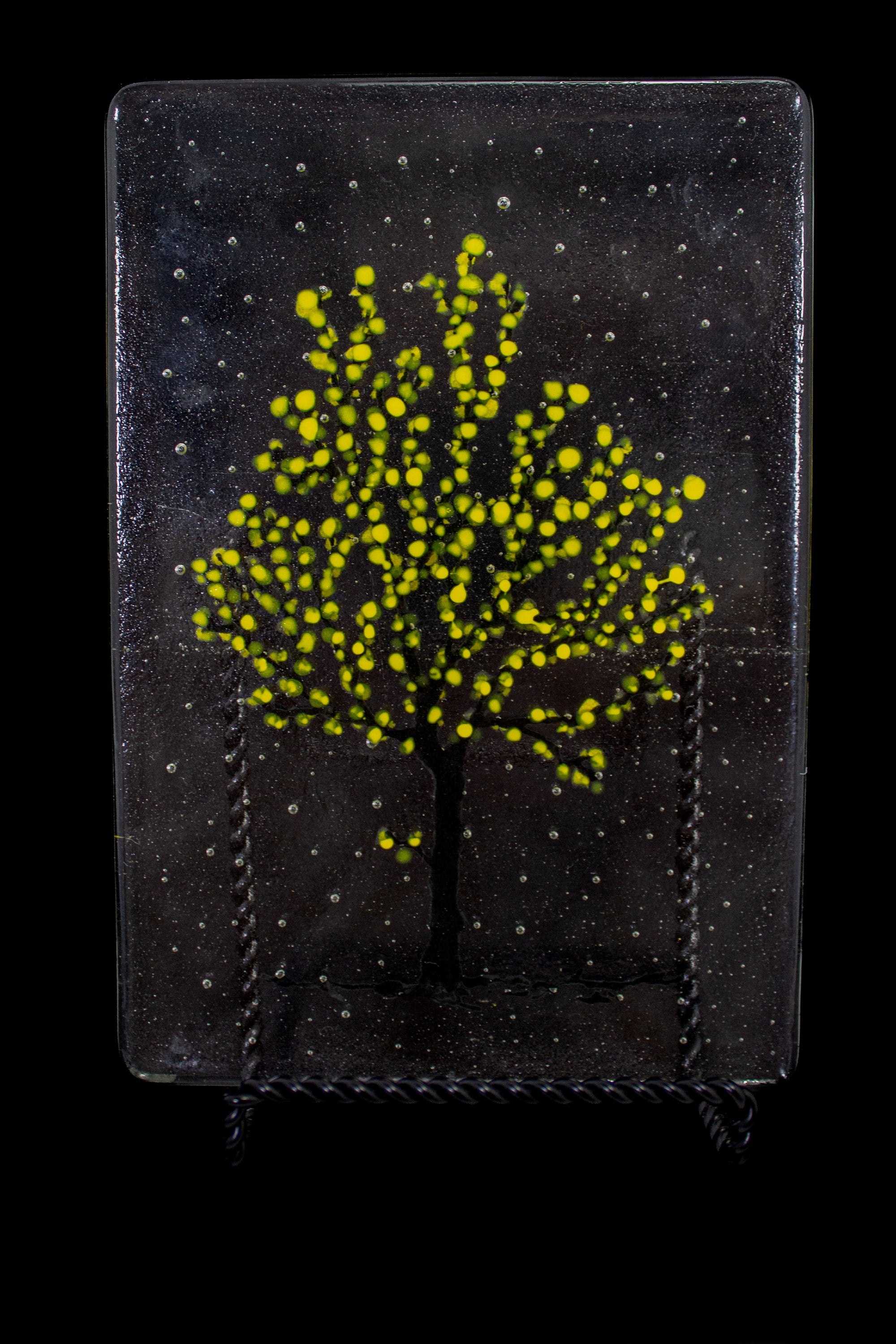 Painted Fused Glass Tree on Metal Stand