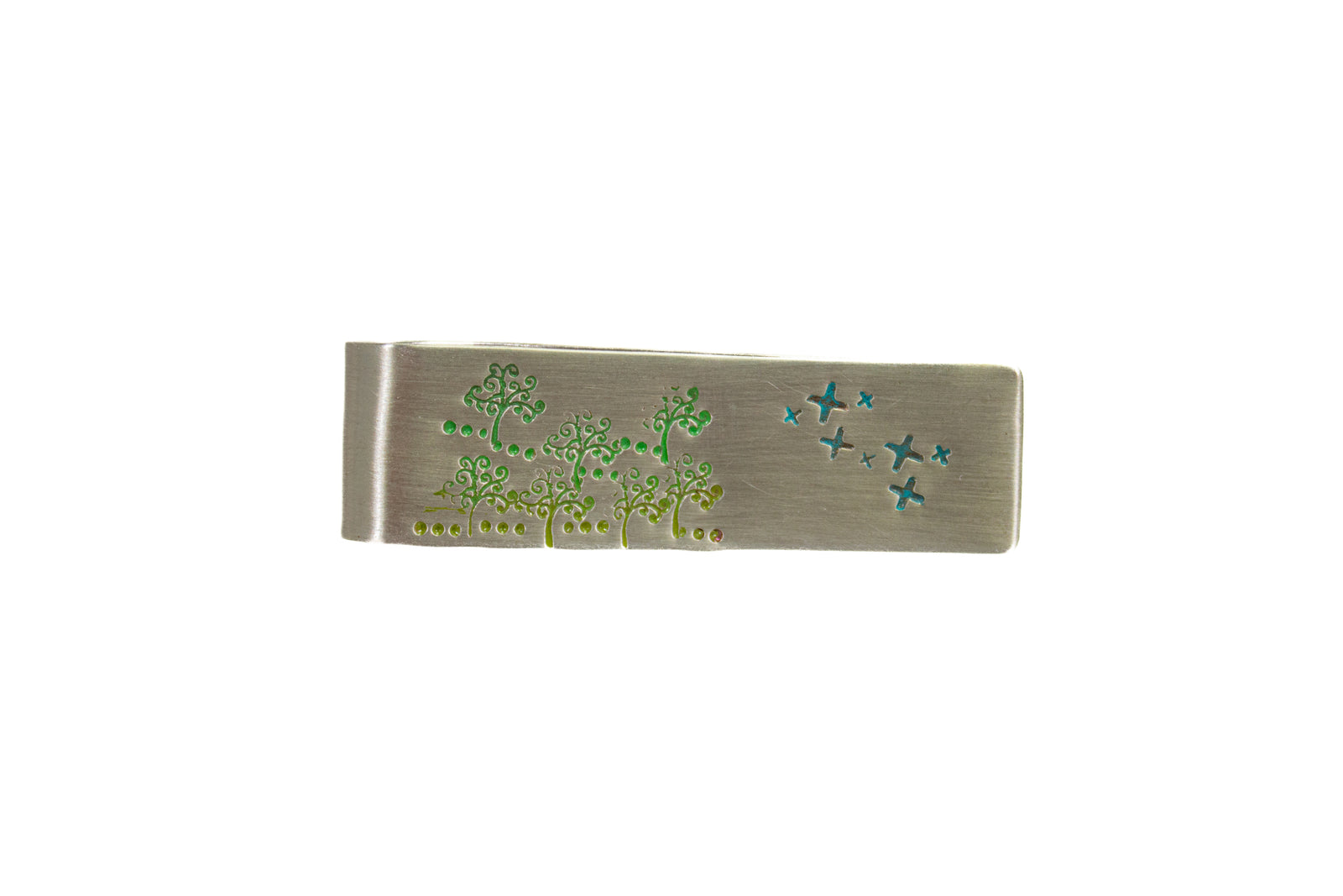 Metal Tie Clip - Silver Trees / Birds