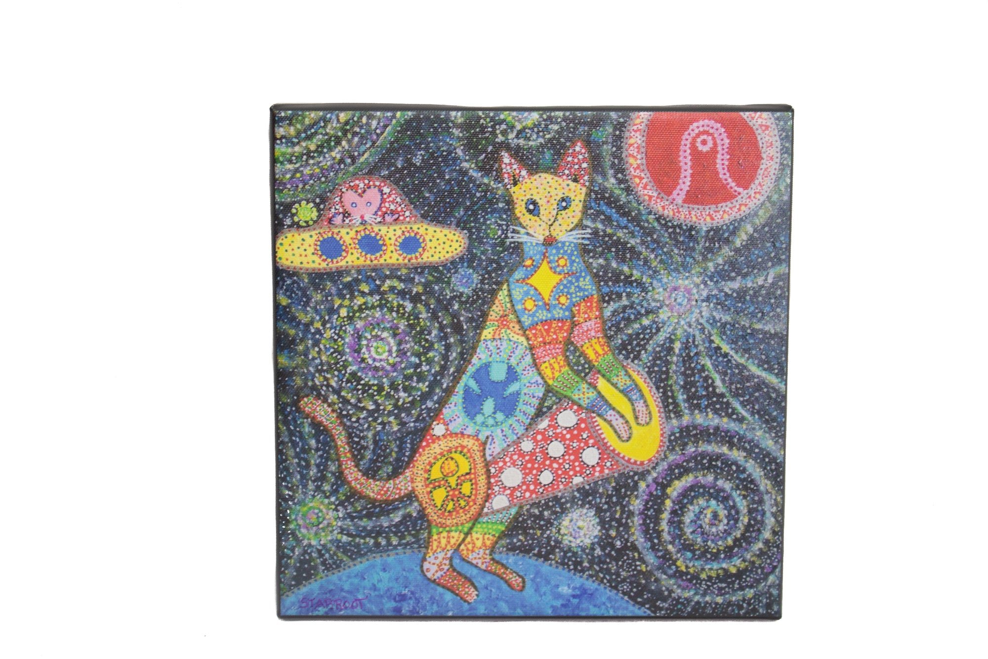 Drumming Space Cat on Canvas (8x8)