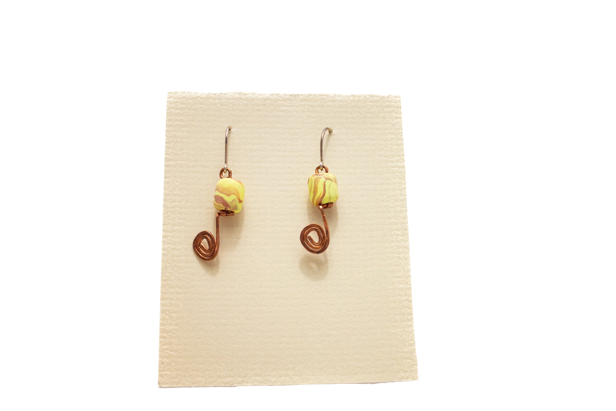 Polymer and Copper Hanging Earrings - Yellow Swirl