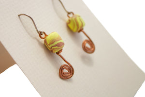 Polymer and Copper Hanging Earrings - Yellow Swirl