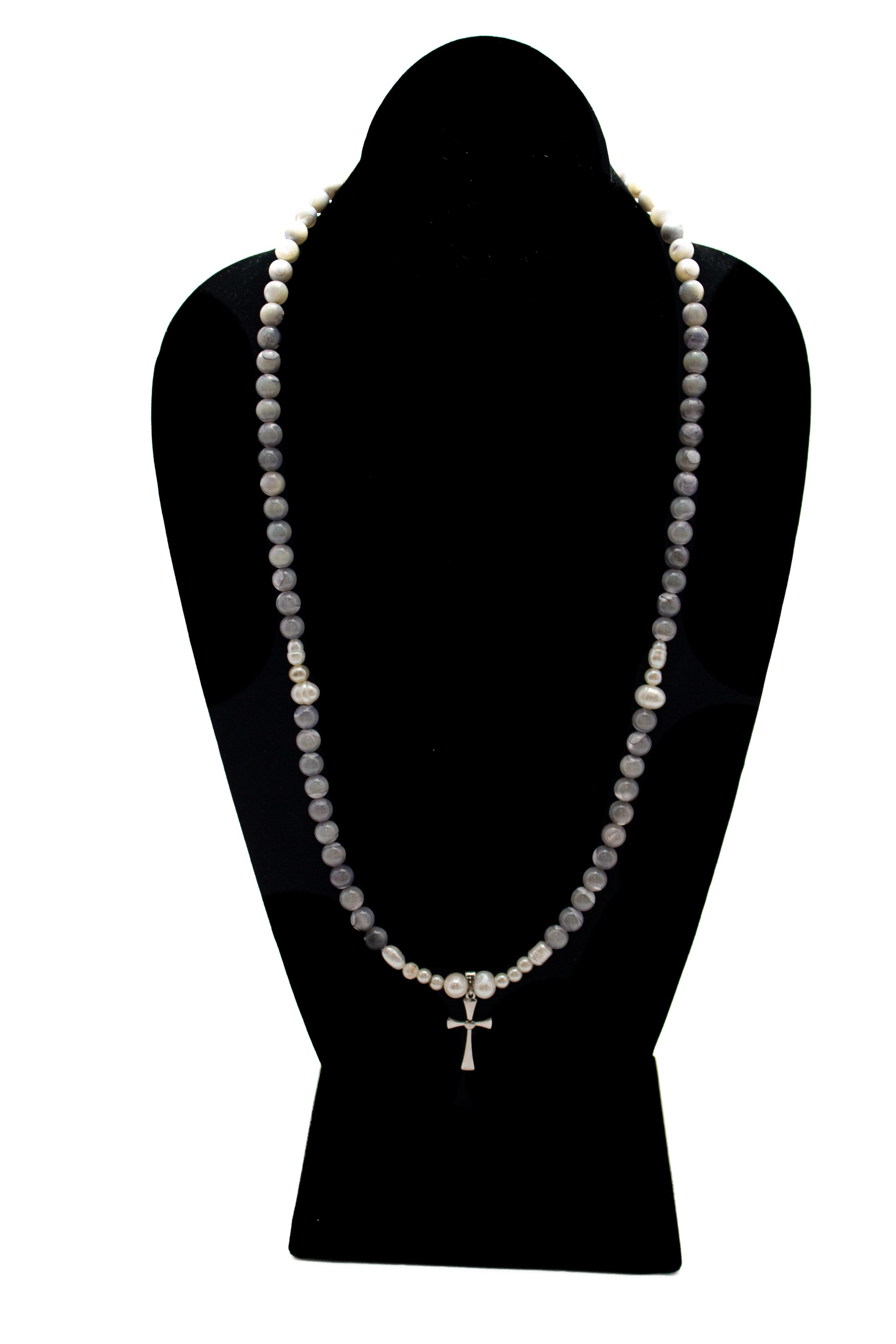 Gray Pearl Necklace w/Cross
