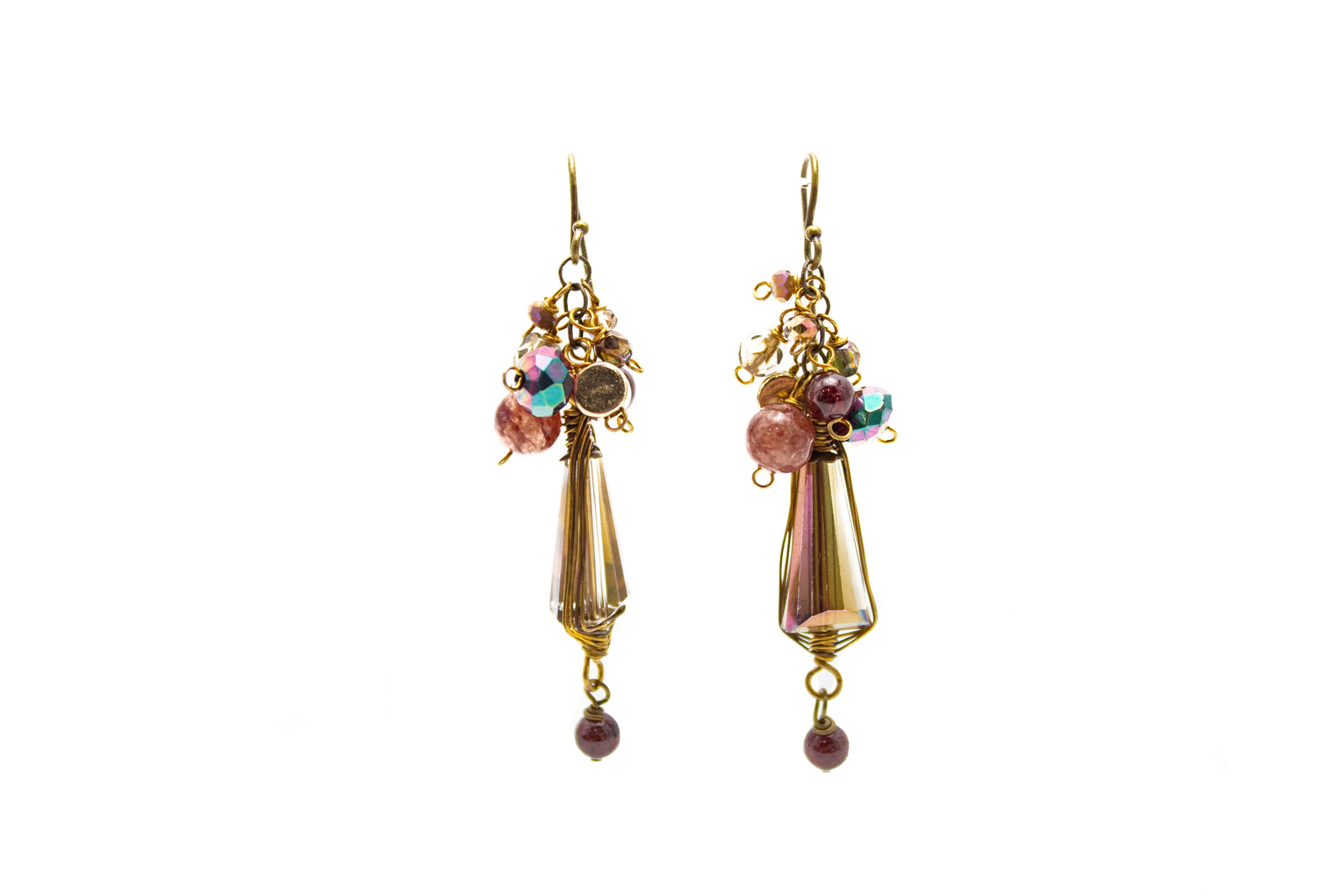 Cider AB Crystal / Garnet / Czech Glass Herringbone Earrings