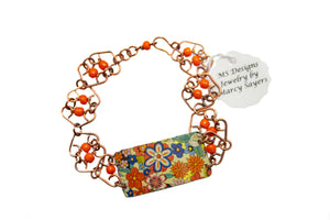 Tin Bracelet (Orange Flower w/Brass Chain)